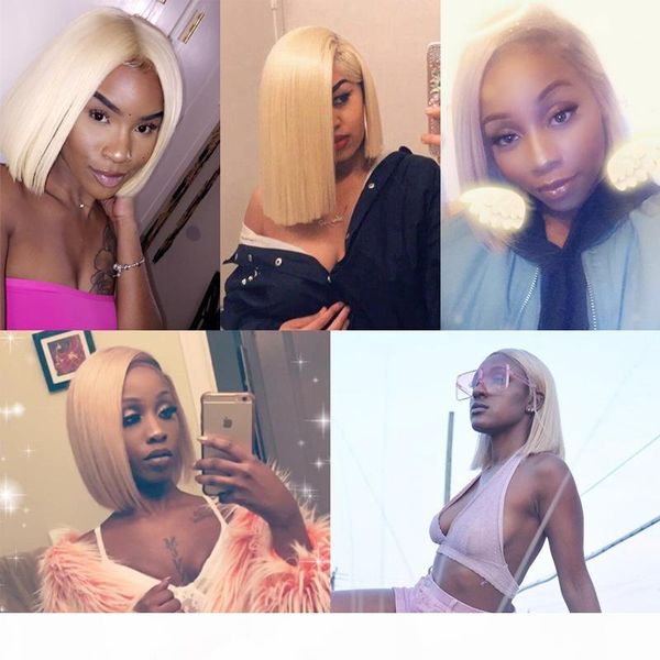 

613 lace front human hair wigs colorful bob cut wigs straight transparent short wigs 150% honey blonde remy hair full end, Black;brown