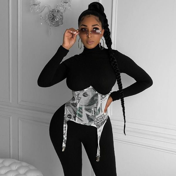 

2021 women stretch belts waistband corset wrap around tie corset cinch waist irregular back zip up dollars print waistband, Black;brown