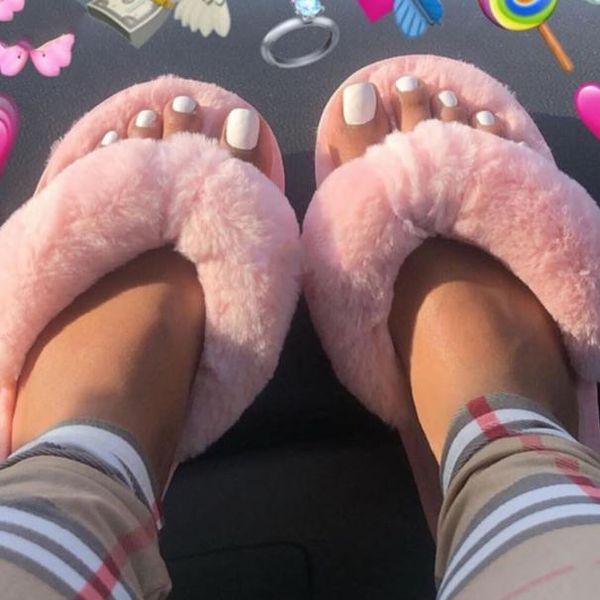 

2021 winter fashion women home slippers faux fur warm shoes woman slip on flats female fur flip flops pink plus size 41, Black