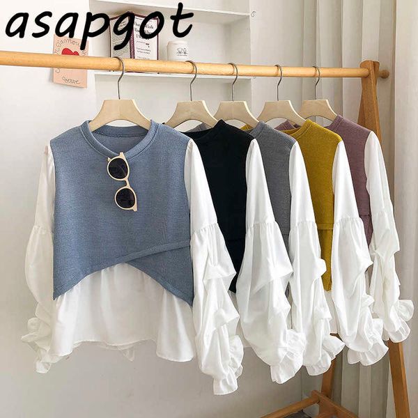 

chic korean fashion solid loose cross puff sleeve blouse fake two piece patchwork shirts casual basic simple spring 210610, White