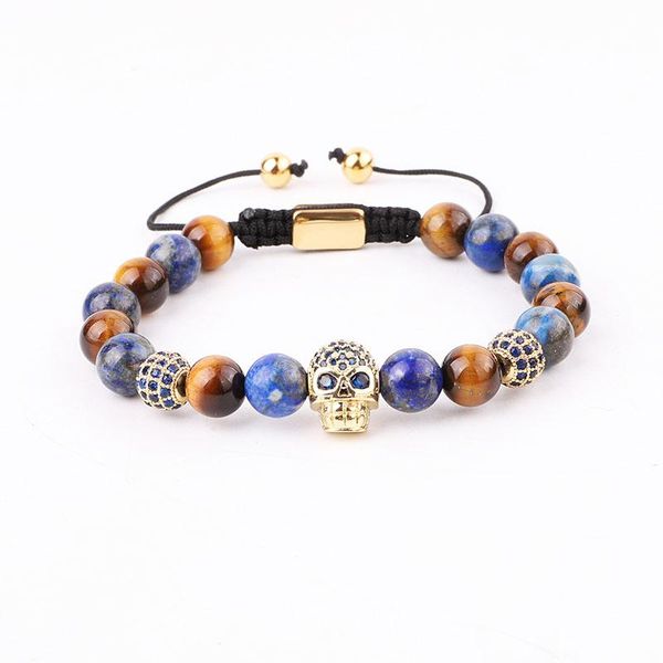 

beaded, strands design natural stone beads blue cz pave skull charm macrame adjustable bracelet men, Black