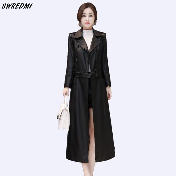 

women's leather & faux swredmi women x-long trench outwear female clothing two style can wear coat plus size s-3xl, Black