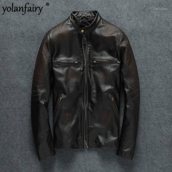 

men's leather & faux genuine jacket men spring autumn motorcycle stand collar real sheepskin coat jaqueta couro yy451, Black