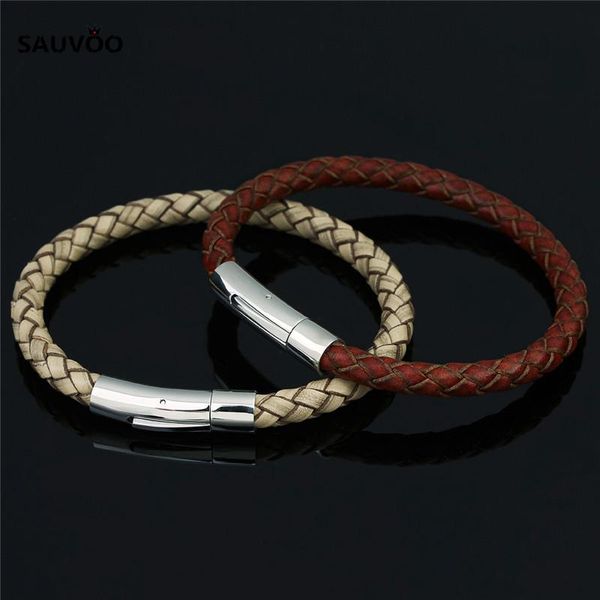

charm bracelets sauvoo vintage men black wine red beige braid leather charms bangles with stainless steel magnetic clasp jewelry gifts, Golden;silver