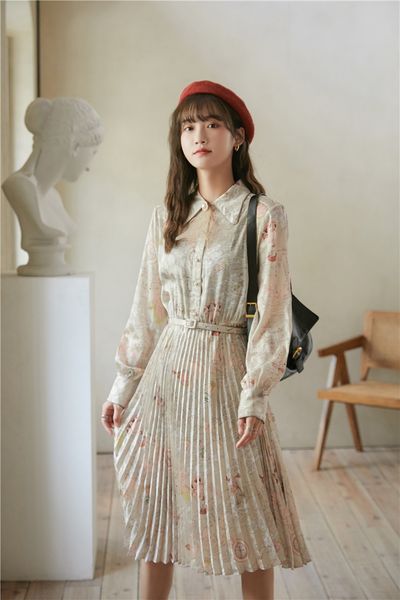 

2021 new peter pan collar chiffon satin pleated women long vintage print lantern sleeve korean ladies af2v, Black;gray