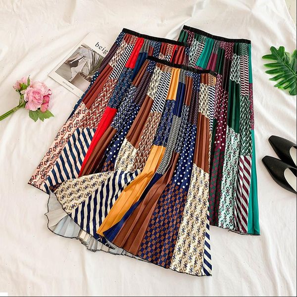 

2021 summer womens geometric pattern print pleated skirt high waist fashion temperament elastic pleated skirt large swing, Black