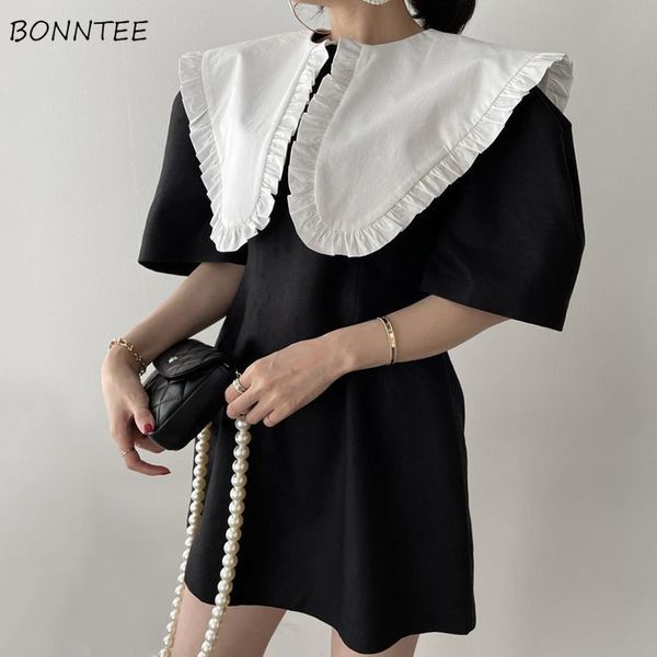 

casual dresses womens puff sleeve summer trendy 2021 french style turn-down collar old-fashioned simple elegant patchwork ladies, Black;gray