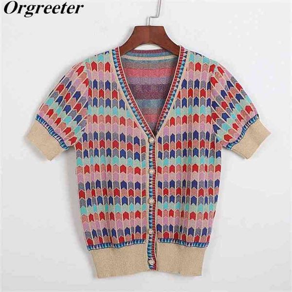 

gold thread pearl button knitted cardigan short-sleeved blouse summer contrast grid v-neck thin women's blusas mujer 210602, White;black