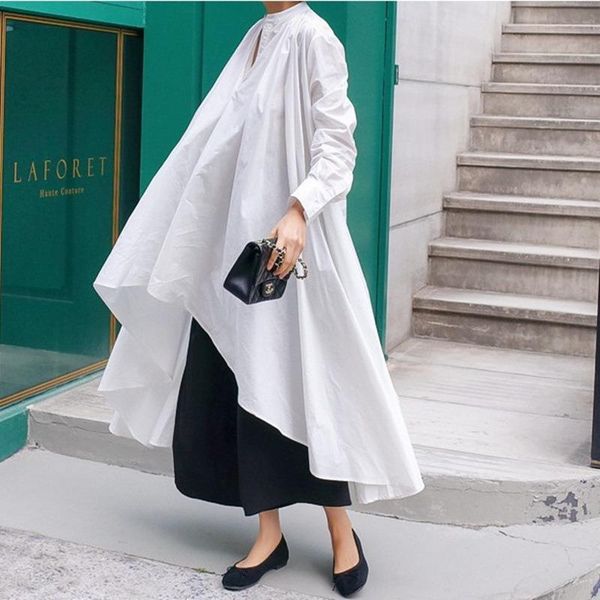 

lanmrem solid color stand collar long sleeve irregular loose plus woman shirt casual personality fashion 2021 autumn new tv147, White
