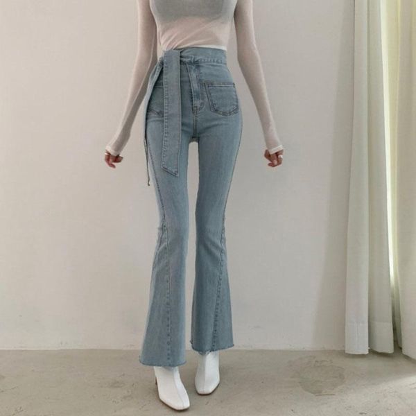 

women's jeans woman korean-style vintage high-waist pants lace-up washed multi-pockets slim-fit, Blue