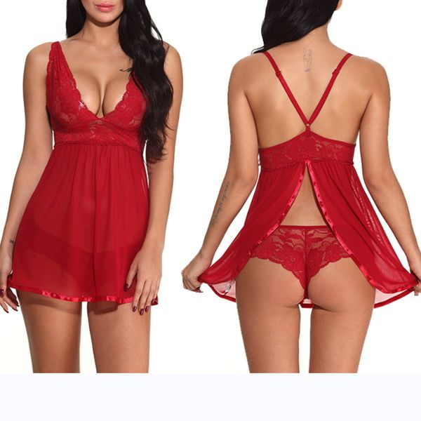

2 pcs two-piece explosive underwear lace perspective sling pajamas, Red;black