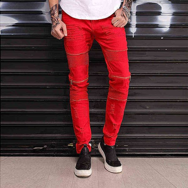 

men's jeans hole elastic zipper fashion men's jeans, Blue