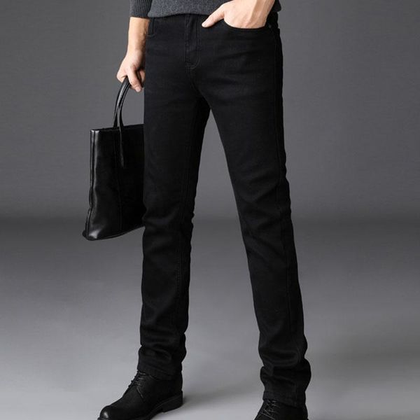 

men's jeans 2021 black elasticity warm think winter slim fit business fashion denim trousers casual male clothes, Blue