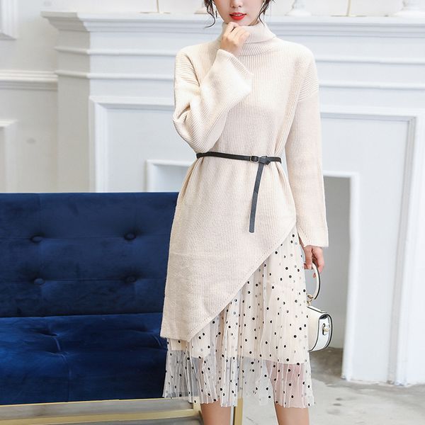 

2021 new turn-down collar sweater es vestidos solid casual knee-length winter women split jumper dot knitted 5t6a, Black;gray
