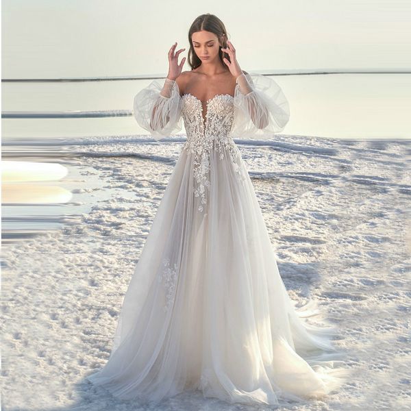 

a line silk tulle wedding dress long puff sleeve floral applique 2020 bridal dress beach off shoulder wedding gowns, White
