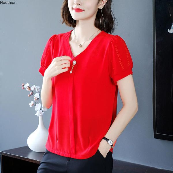 

women's blouses & shirts chiffon loose fashion blouse casual short sleeve blusas solid color v-neck summer shirt houthion, White