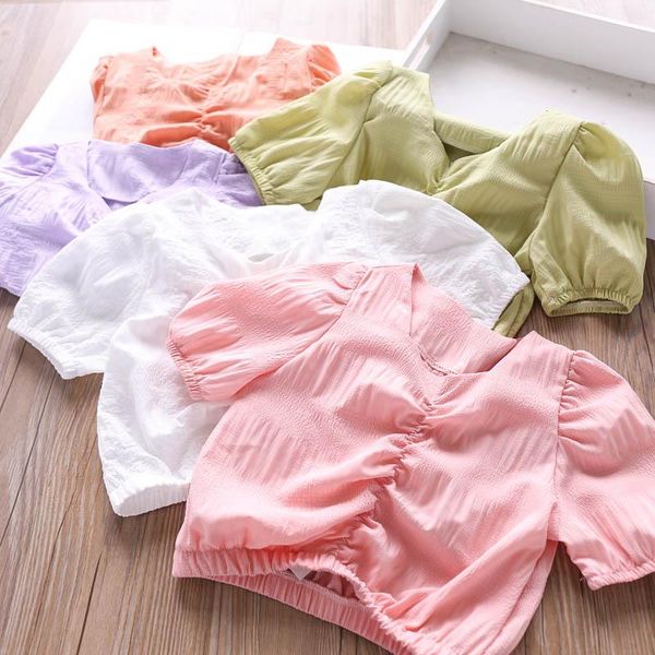 

2021 summer girls v-neck elastic waist shirt wholesale children's clothing, White;black