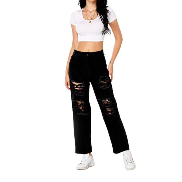 

women's pants & capris arrival stylish women ripped jeans, adults solid color high waist straight-leg with pockets black,s//l/xl, Black;white