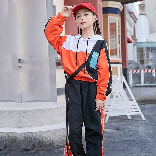 

stage wear hip hop kids street girls' jazz dress children's autumn trendy costume loose suit sport sweatshirt bl2747, Black;red