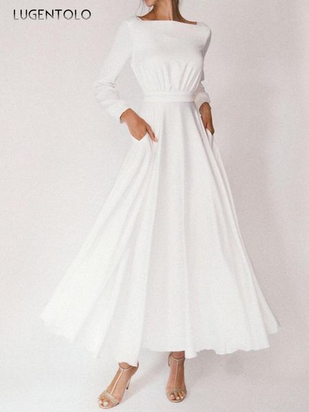 

casual dresses lugentolo party dress women backless long sleeve white round neck female elegant big swing spring, Black;gray