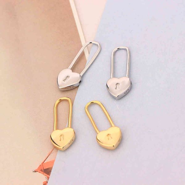 

925 silver minimalist 18k gold heart geometric lock huggies piercing hoop earrings brinco safety pin pendientes for women 2021, Golden