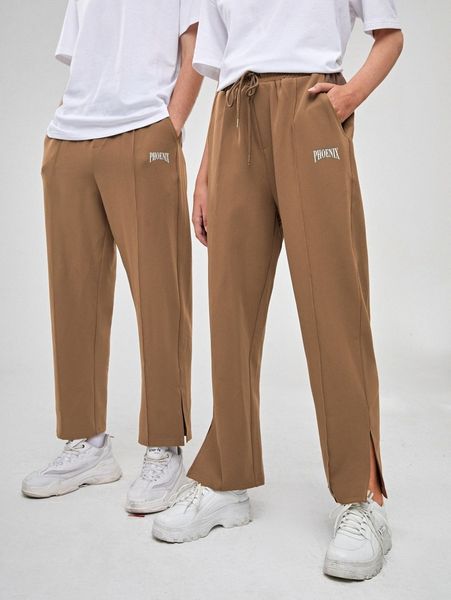 

1pc letter graphic drawstring waist slit hem pants j2uz#, Black