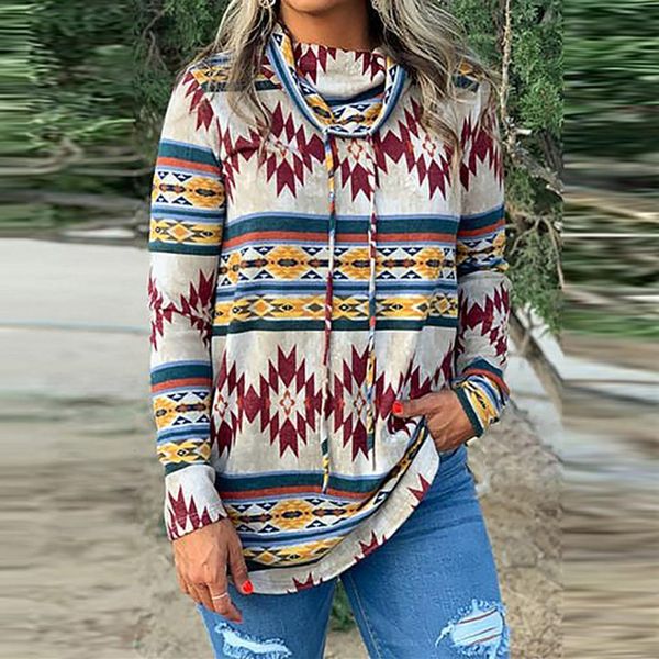 

print women sweatshirts turtleneck long sleeve drawstring long sweat shirt ropa de mujer casual ethnic style female clothes ropa, Black