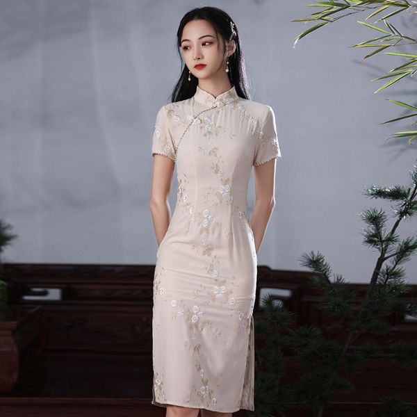 

ethnic clothing light champagne satin qipao women embroidery flowers chinese dress traditional vintage button mandarin collar cheongsam, Red