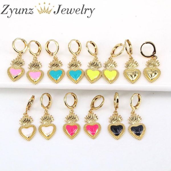 

hoop & huggie 5 pairs, gold dangle earrings neon green yellow bright jewelry enamel geometric heart rainbow color, Golden;silver