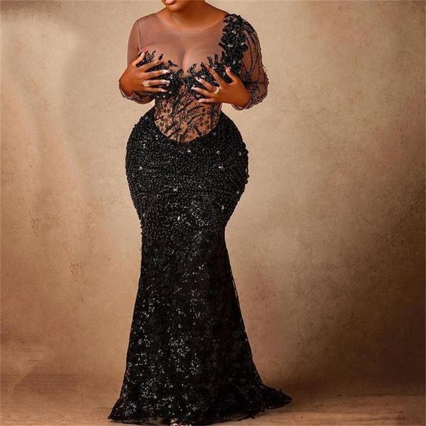 

party dresses african aso ebi evening dress plus size beading crystals mermaid prom gowns sheer neck long sleeve vestidos de novia, White;black