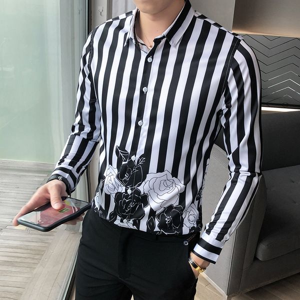 

striped men's floral shirts fit formal business dress up as long-sleeve casual social party streetwear chemise homme ao45, White;black