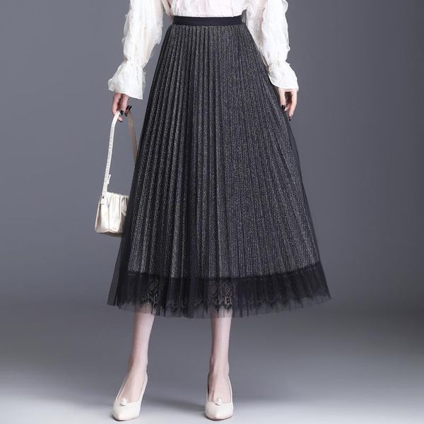

skirts summer women casual lace mesh colorful a-line pleated skirt elegant fashion female elastic waist office lady c2515, Black