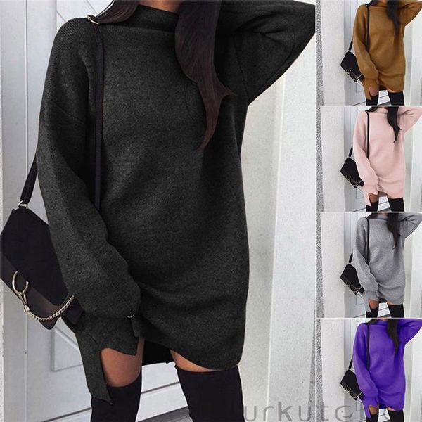 

women's hoodies & sweatshirts autumn winter women sweatshirt dress turtleneck long sleeve jumper solid knitted pullover loose mini, Black