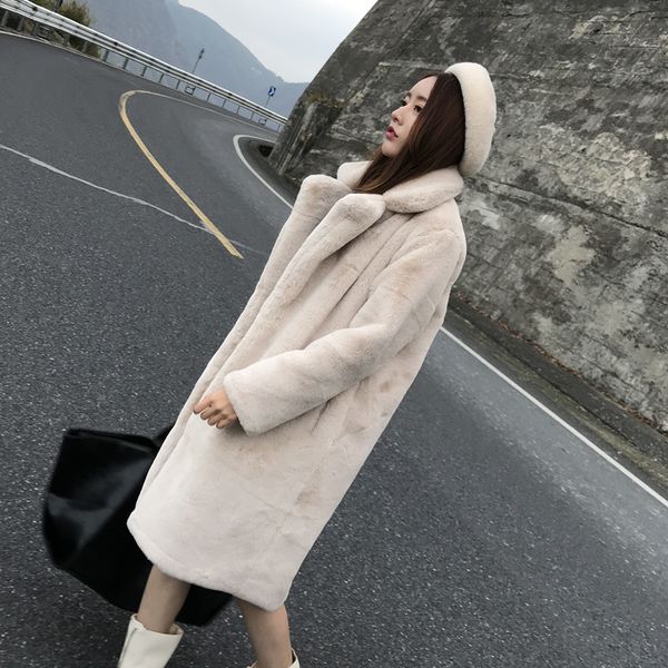 

2021 winter korean fashion thick warm long coat women overcoat plus size loose 3 color faux rabbit fur jacket female eou3, Black