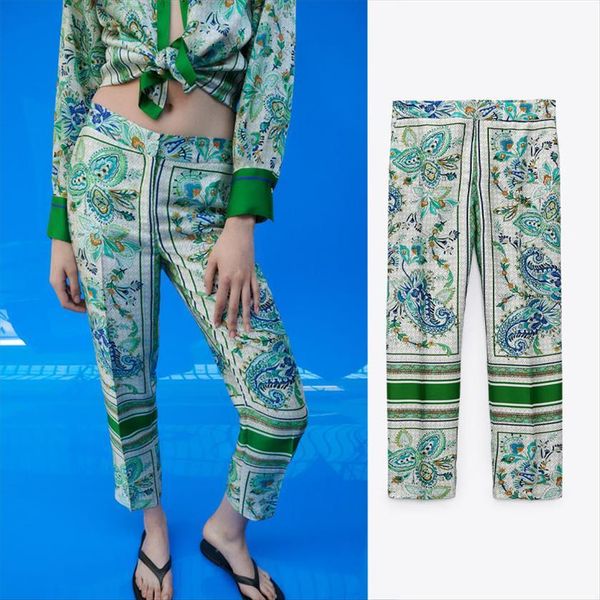 

za green floral print womens capri high waist vintage elastic summer trousers female chic front pockets casual, Black;white