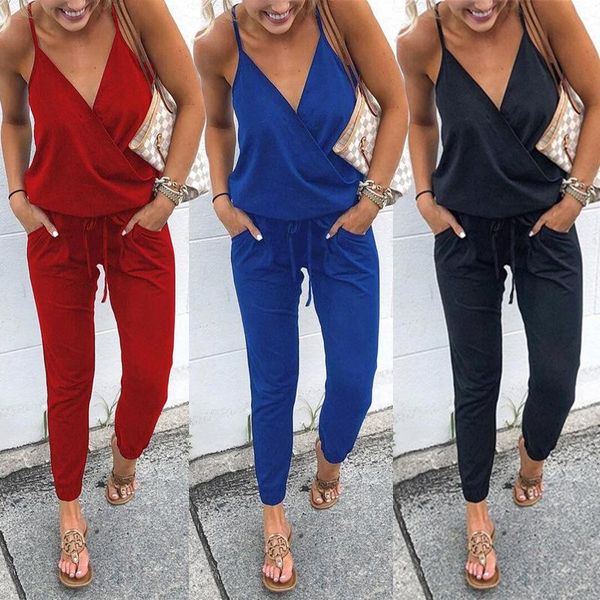 

one-piece suits summer arrival spaghetti cross strap lace up jumpsuits women v-neck solid casual sleeveless pockets long romper female