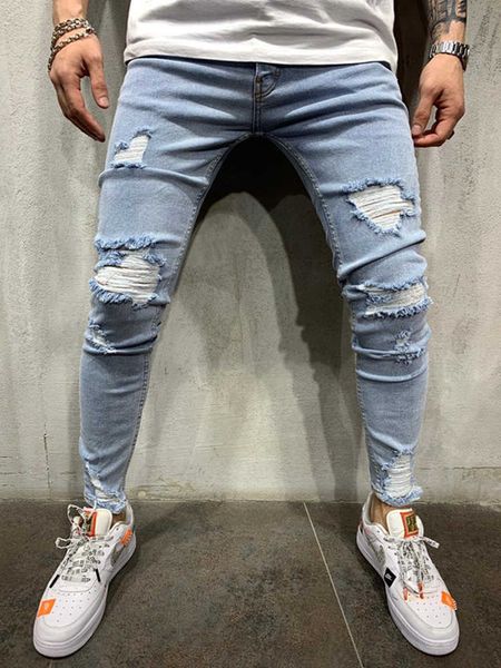 Pantaloni jeans con foro rotto e piedi piccoli sottili da uomo EuHight Street Pantaloni in denim di grandi dimensioni stile classico giovanile alla moda X0621