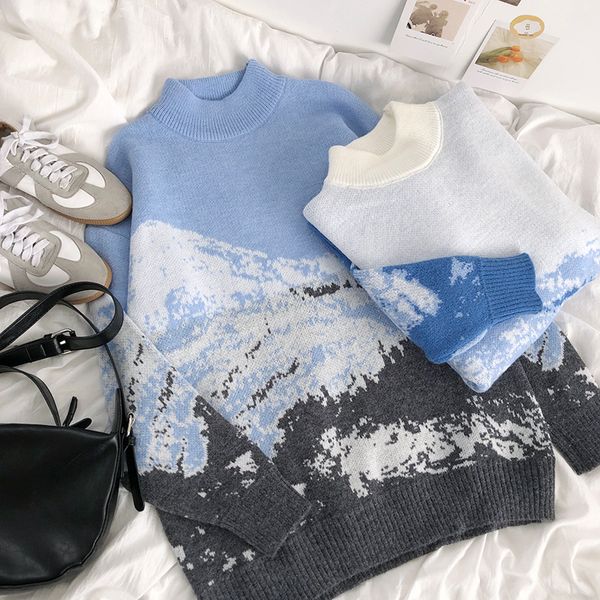 

2021 new mooirue spring casual women sky blue winter snow mountain jacquard crew neck loose lazy thickened warm sweater 971m, White;black