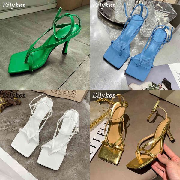 NXY Sandálias Eilyken Verão Nova Moda Pinça Estreito Banda Mulheres Gladiador Feminina Square Open Toe Ankle Buckle Stiletto Saltos 0210