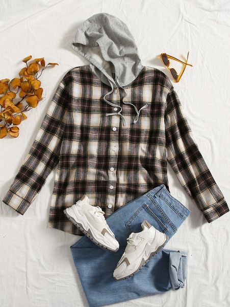 

plaid print drawstring hooded blouse b0ma#, White