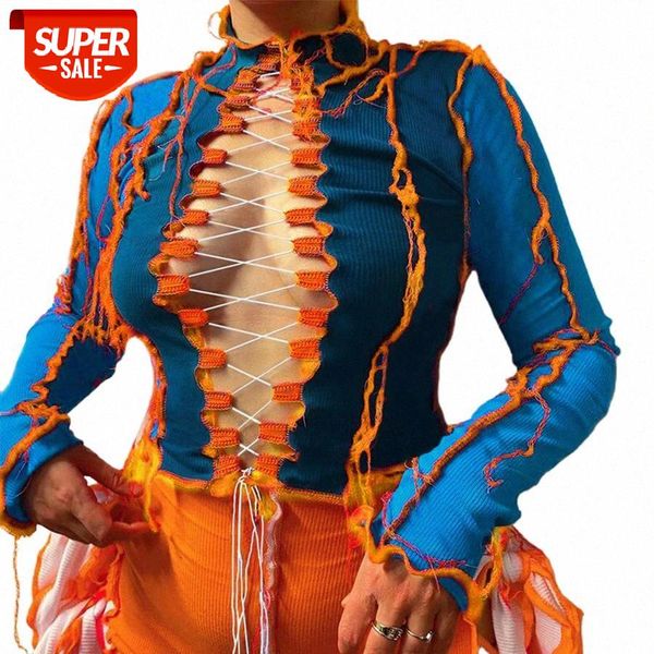 

lace up criss ruffle ruched women's t-shirts autumn spring 2021 knitted patchwork long sleeve tee wdc6376 #gx2d, White