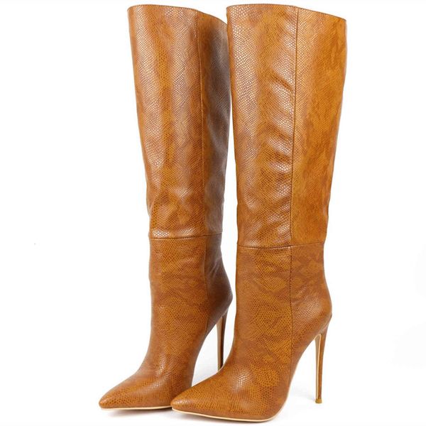 

boots microfiber pointed toe ultra-high stiletto knee-length with lizard pattern winter plush lining beige 84wa, Black