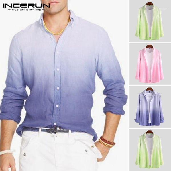 

men's casual shirts incerun fashion gradient men shirt long sleeve cotton hanging dyed camisa 2021 lapel streetwear dress, White;black