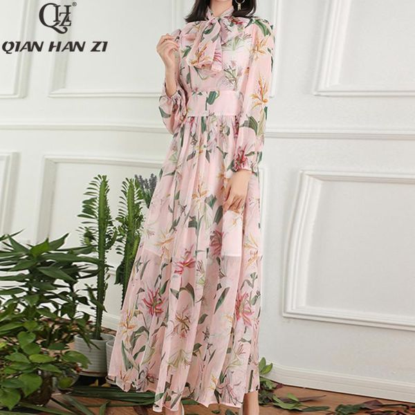 

casual dresses qian han zi 2021 brand designer fashion runway maxi dress women's bow collar elegant lily print pink long beach, Black;gray