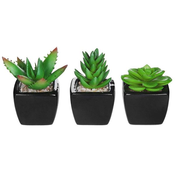 

3pcs square black ceramic artificial succulent planter mini faux potted plants