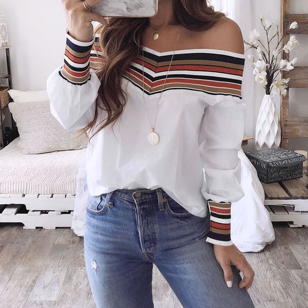 

sleeve women long autumn multicolor off shoulder blouse, White;black