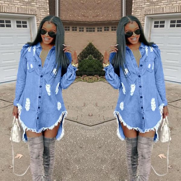 

designer jean dress hiphop shirt tassel denim jeans blue ripped dresses women spring autumn kdrct, Black
