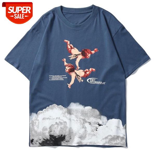 

2021 summer harajuku angel print t-shirt men japanese hip hop streetwear t shirts cotton loose short sleeve tee high street #2t2g, White;black