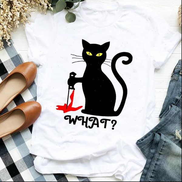 

women t shirt what cat scary horror print short sleeve o neck loose tshirt tee female clothes camisetas mujer, White