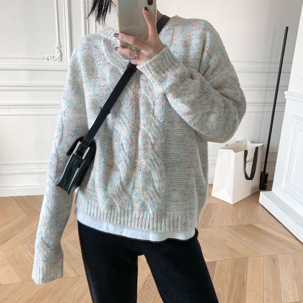 

2021 women new women's turtleneck cable color pinch knit sweater round neck twist knitting lple, White;black